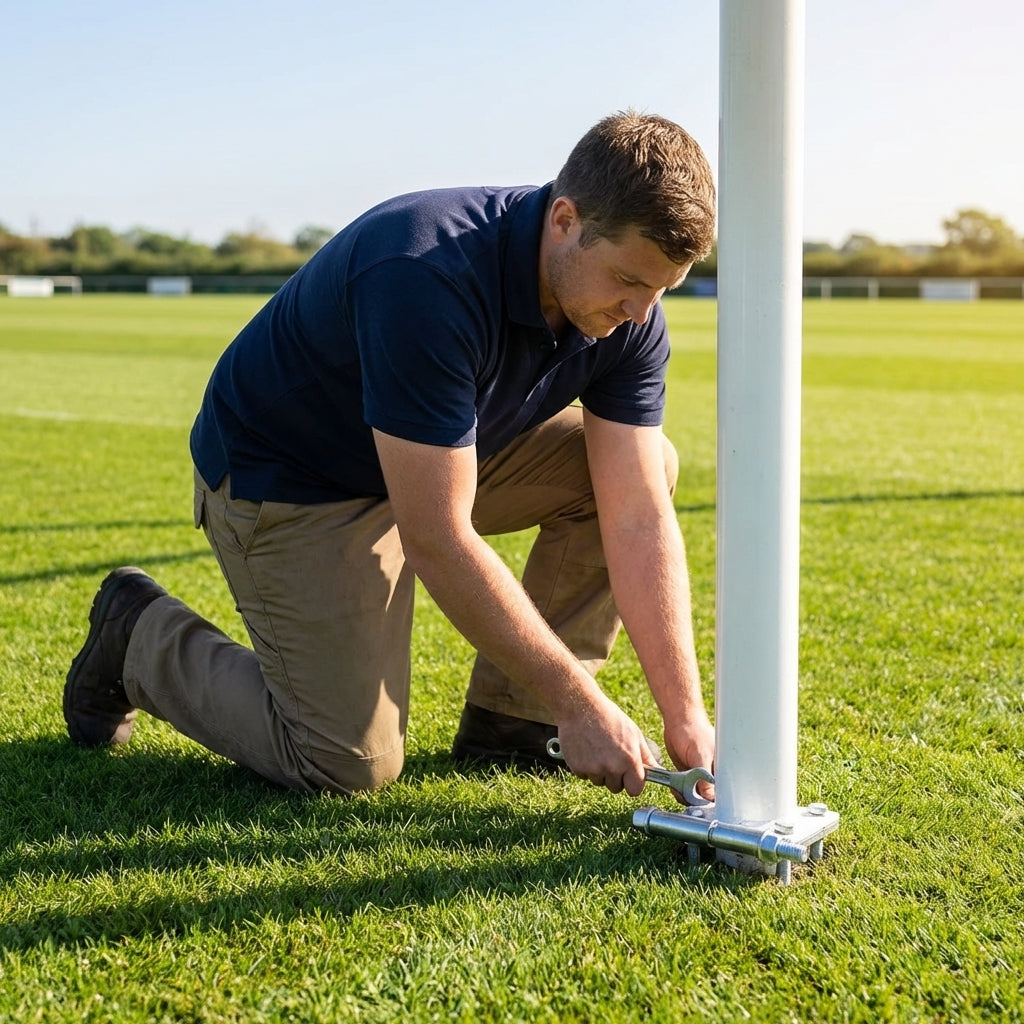 Hinged adapters for rugby posts in galvanised steel