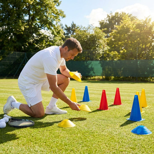 Tennis training marker cones in various sizes and colours