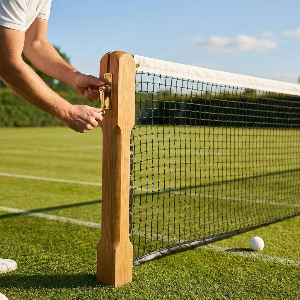 Wooden Tennis Posts with Brass Winder in Wimbledon Style