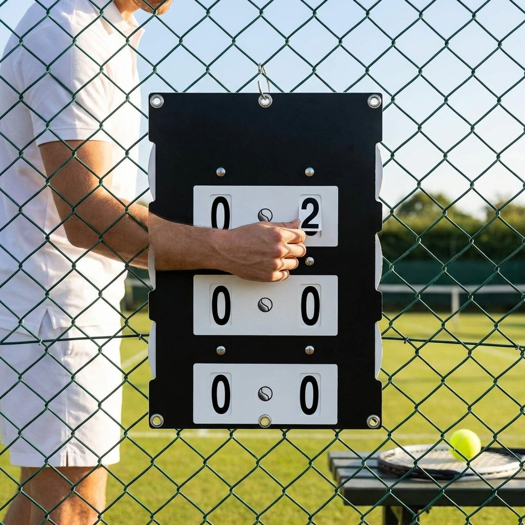 Portable tennis scoreboard with UV stabilised materials, available in 3 sizes and colours