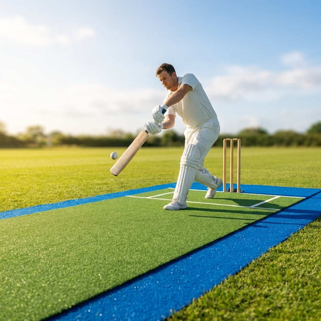 Cricket matting with blue surround and integrated stump lines