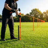 Football crowd control barrier with PVC poles for outdoor use