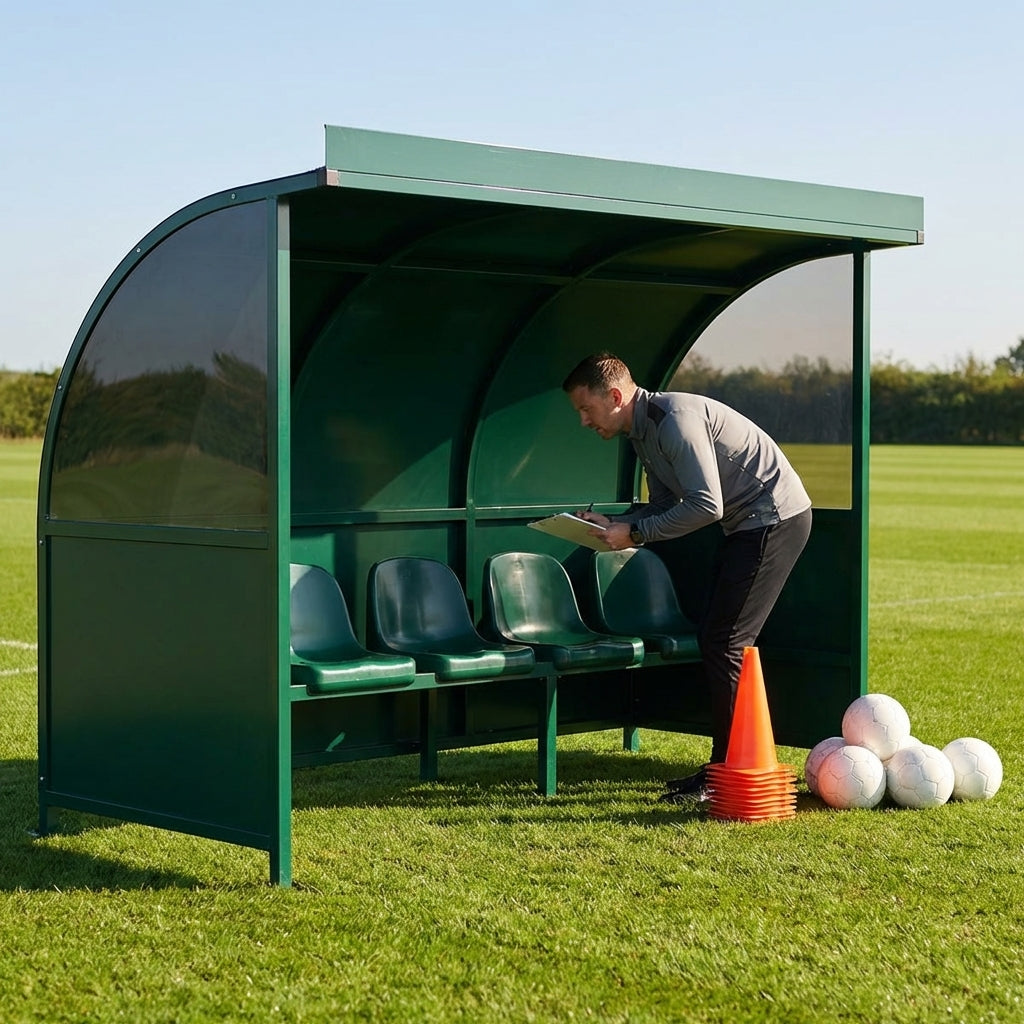 Fixed team shelter with aluminium frame and polycarbonate panels for sports