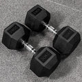 Hex dumbbells with rubber ends and chrome handles