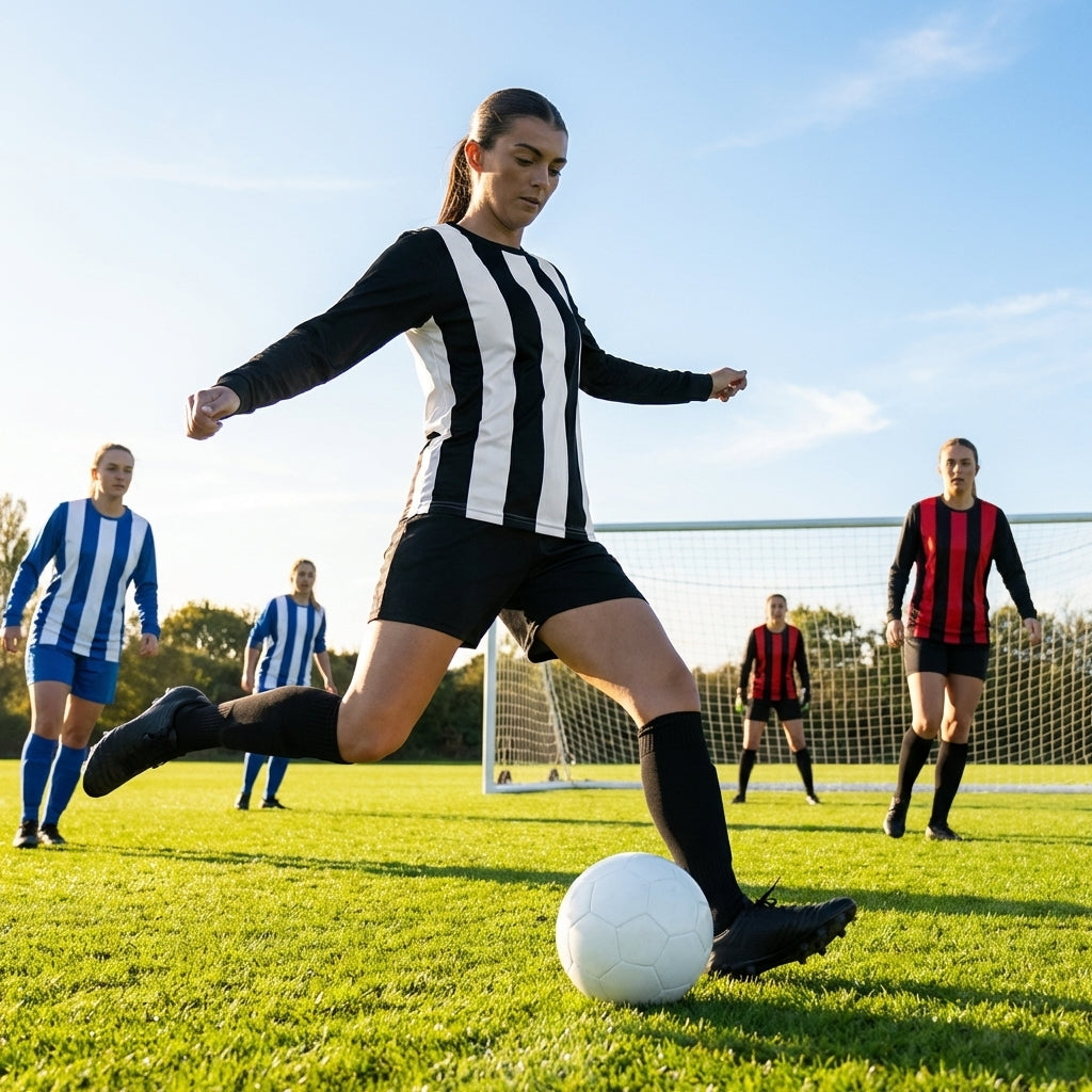 Women's football kit with long-sleeved striped shirt, shorts, and knee-high socks