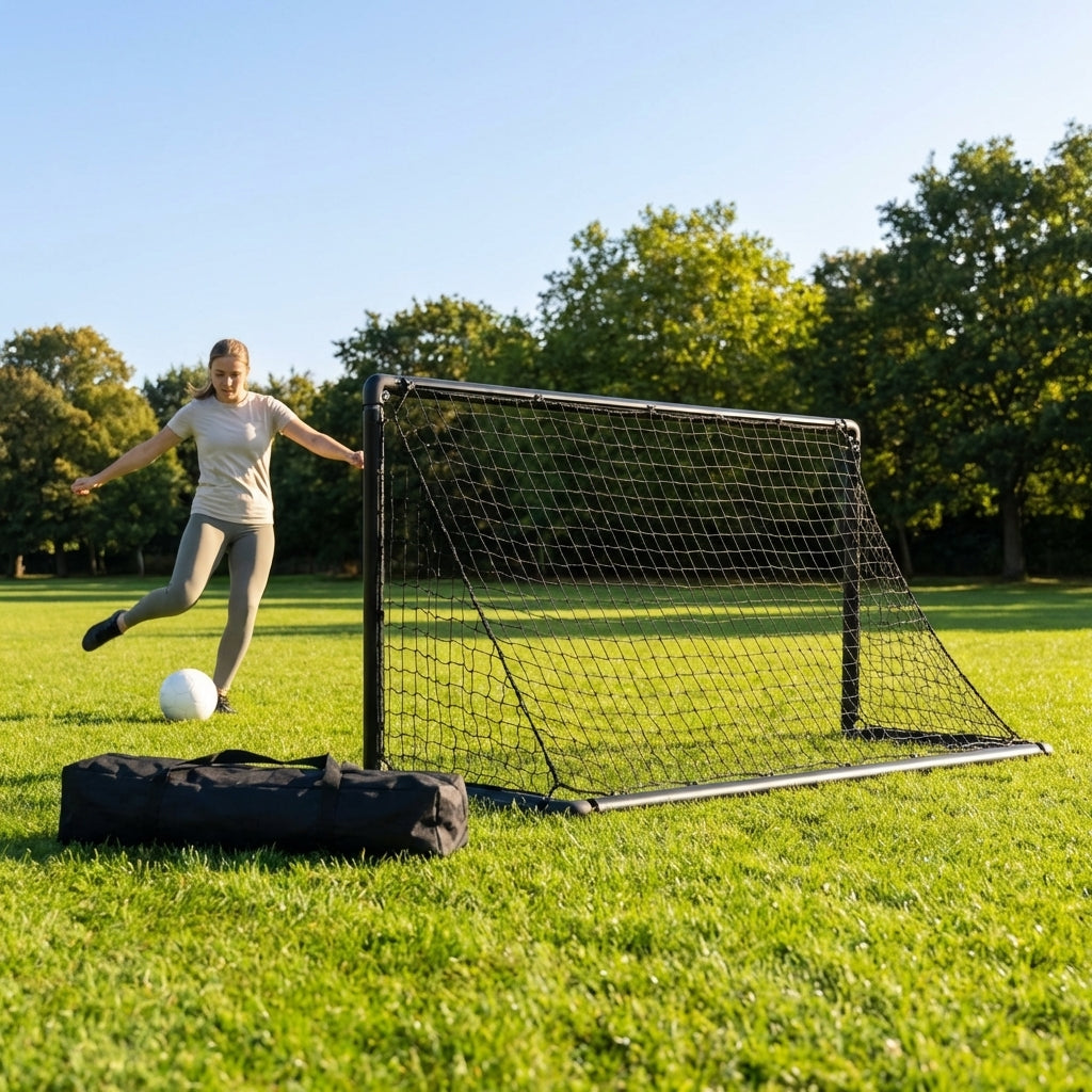 Folding football goal with aluminium frame and high-impact net