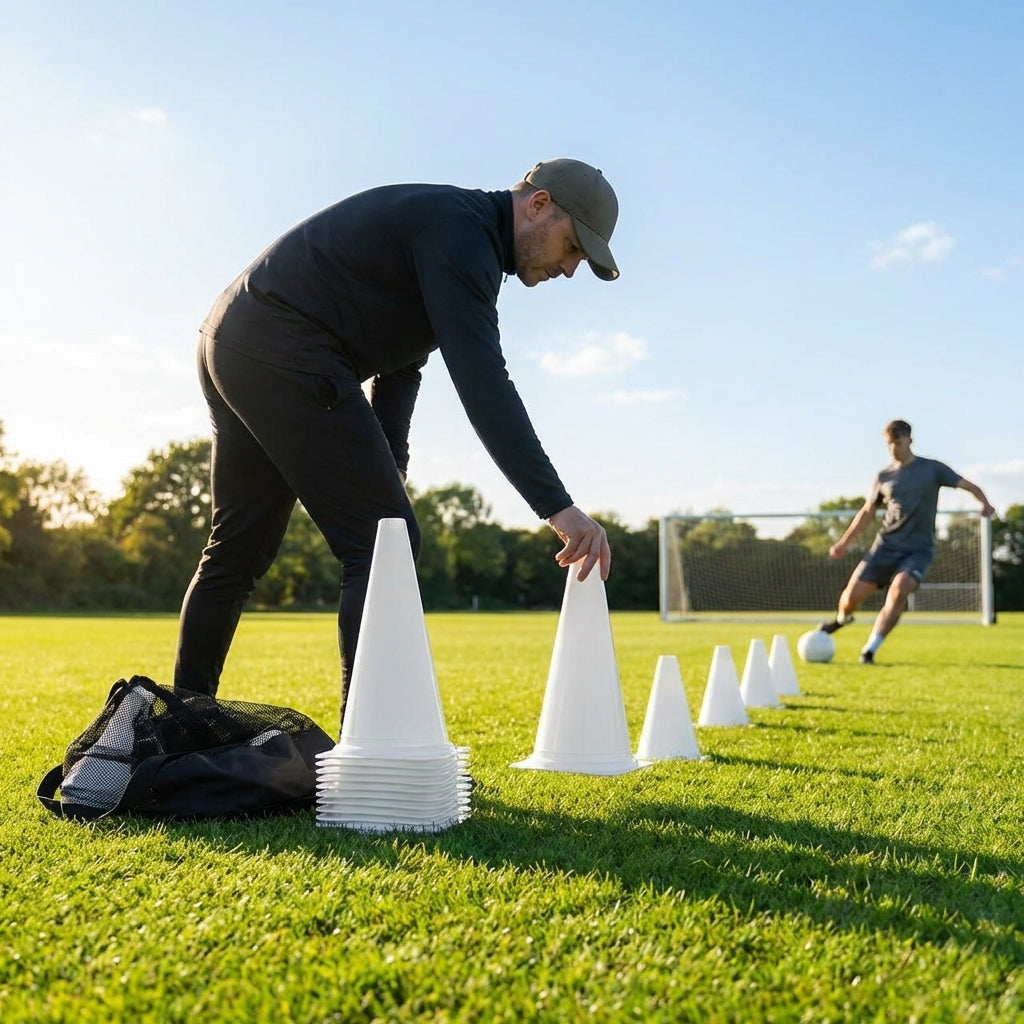 Set of vibrant football training cones in various sizes and colours