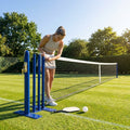 Pickleball posts with base plates in blue, black, and green for club use