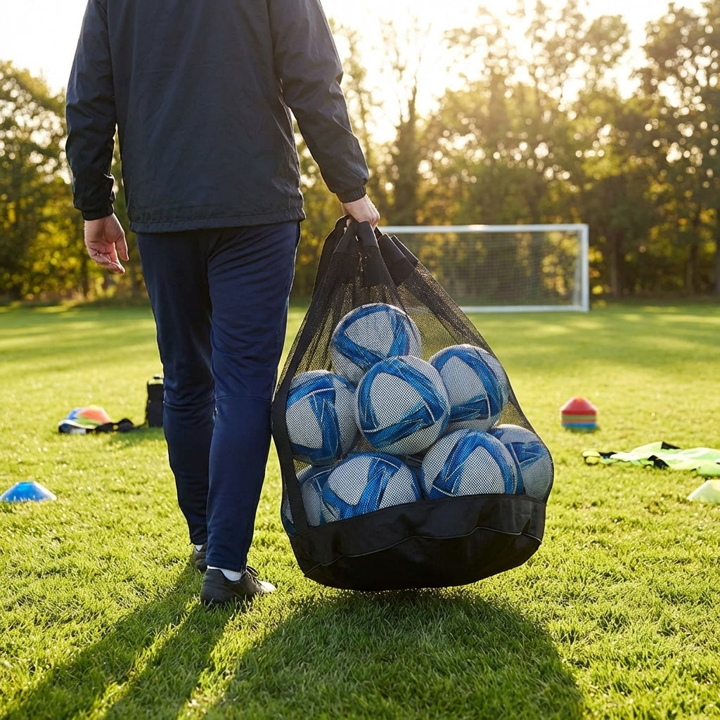 Football carry bag with 12 footballs, durable mesh