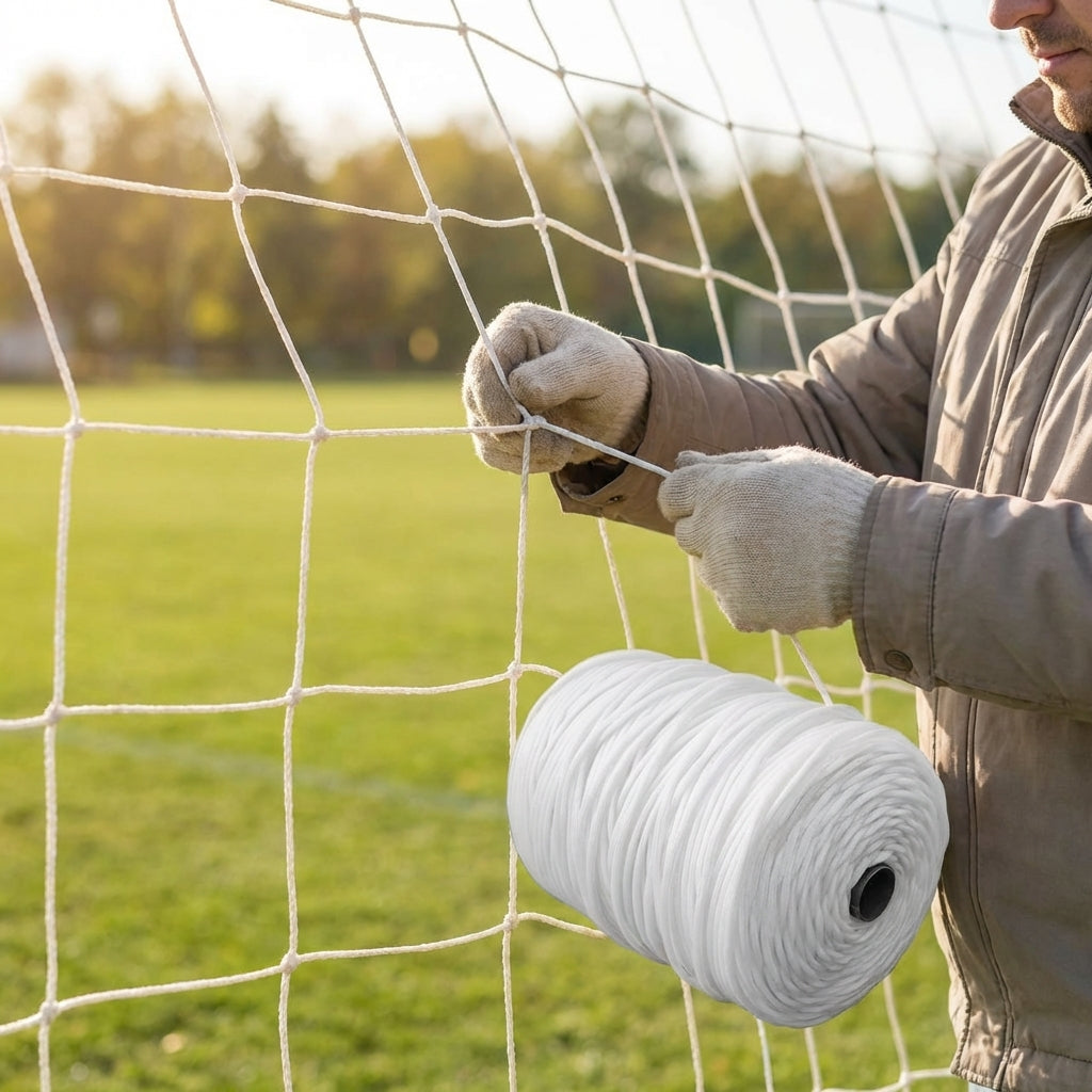 Net tie twine in black, white, and blue for outdoor sports net repair