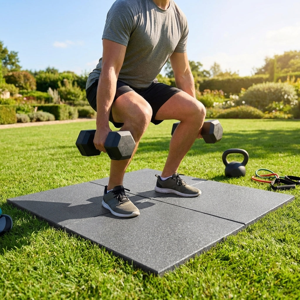 Rubber gym flooring mats, 50cm x 50cm, recycled rubber