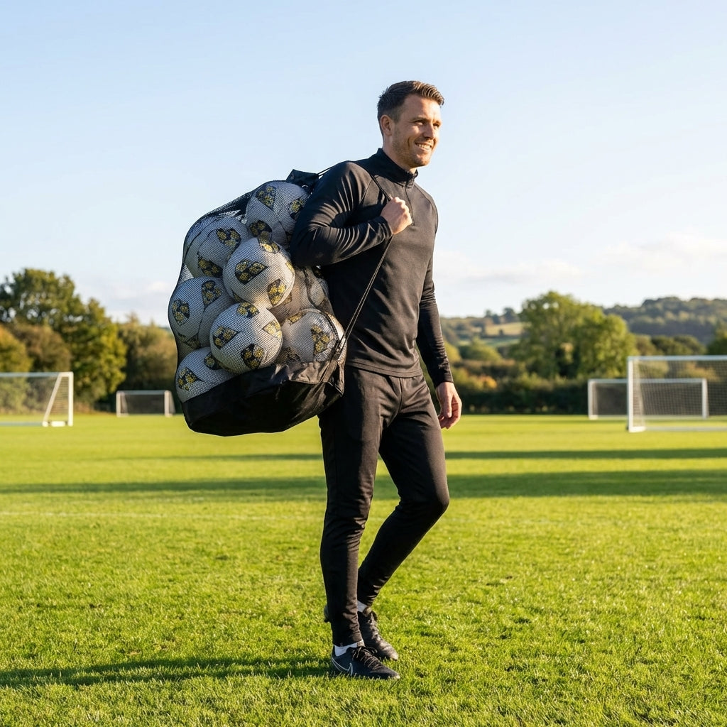 Football carry bag with 12 footballs, durable mesh