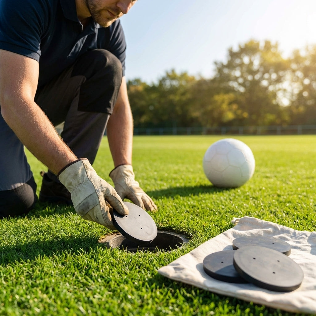 Replacement socket caps in various sizes and materials for sports facilities