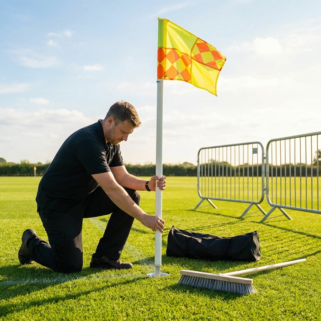 Football corner poles with fluro yellow/orange flags