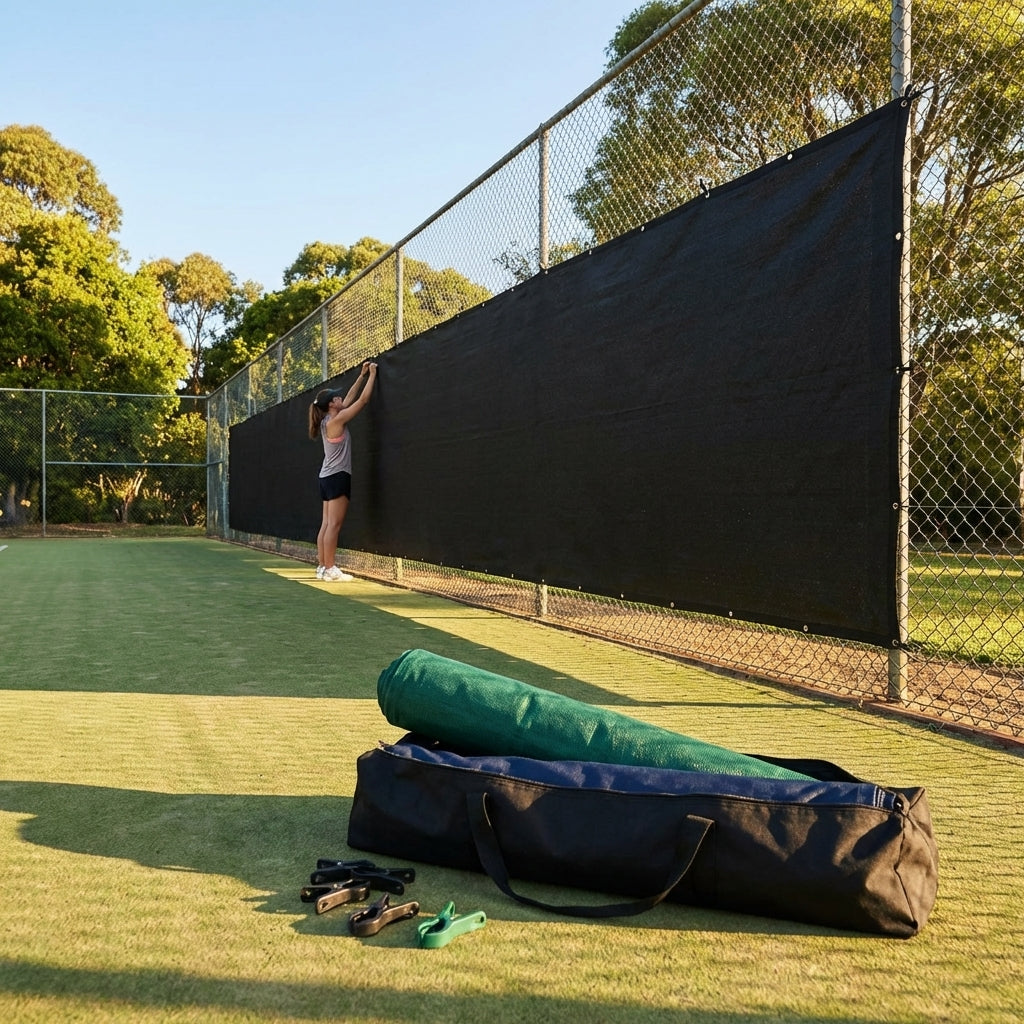 Green Tennis Court Windbreaks on an outdoor tennis court