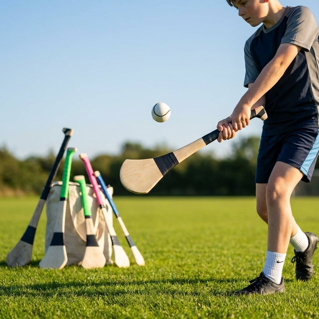 Ash Hurling Stick with custom grip colours, ideal for indoor and outdoor sports