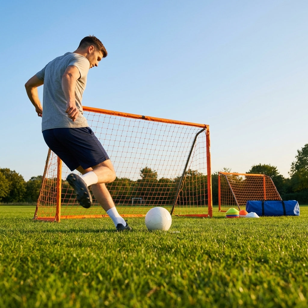 Folding football goal with aluminium frame and high-impact net