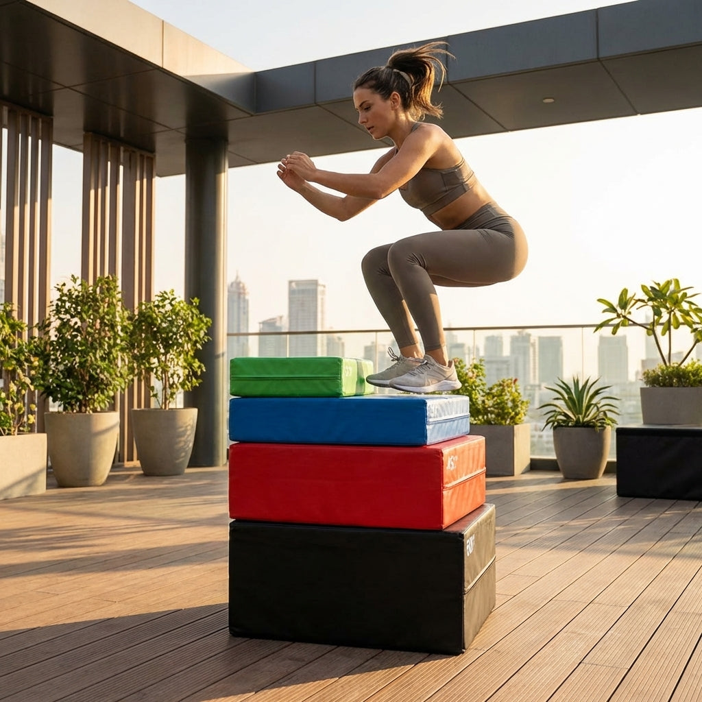 Plyometric jump boxes in various colours and heights for gym workouts