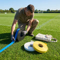 Elastic line marking tape in white, yellow, and blue for sports pitches