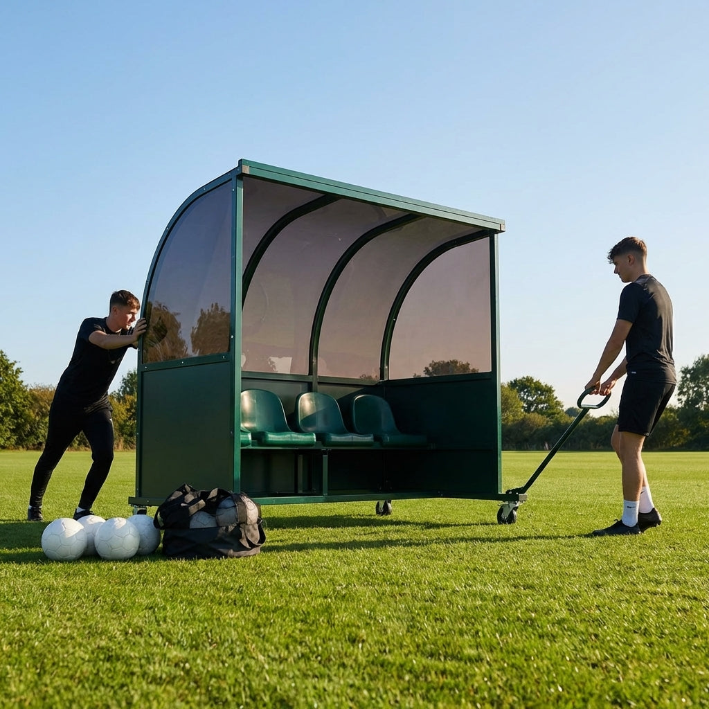 Mobile team shelter with aluminium frame for sports pitches