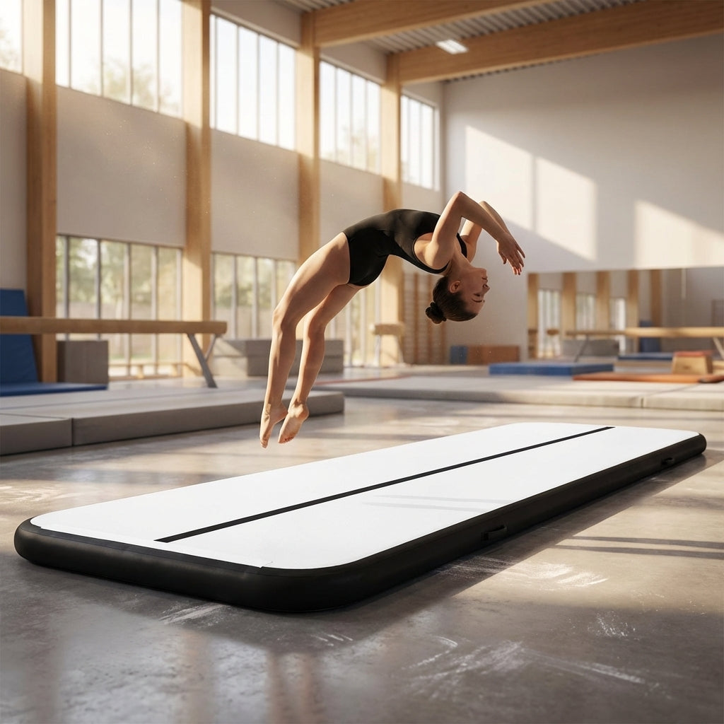 Inflatable gymnastics mat for home and gym use