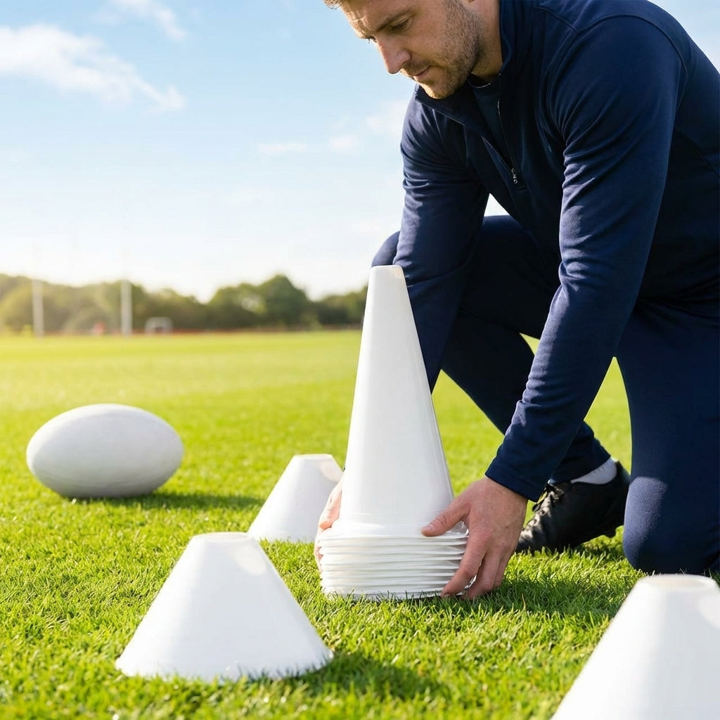 Rugby training marker cones in vibrant colours