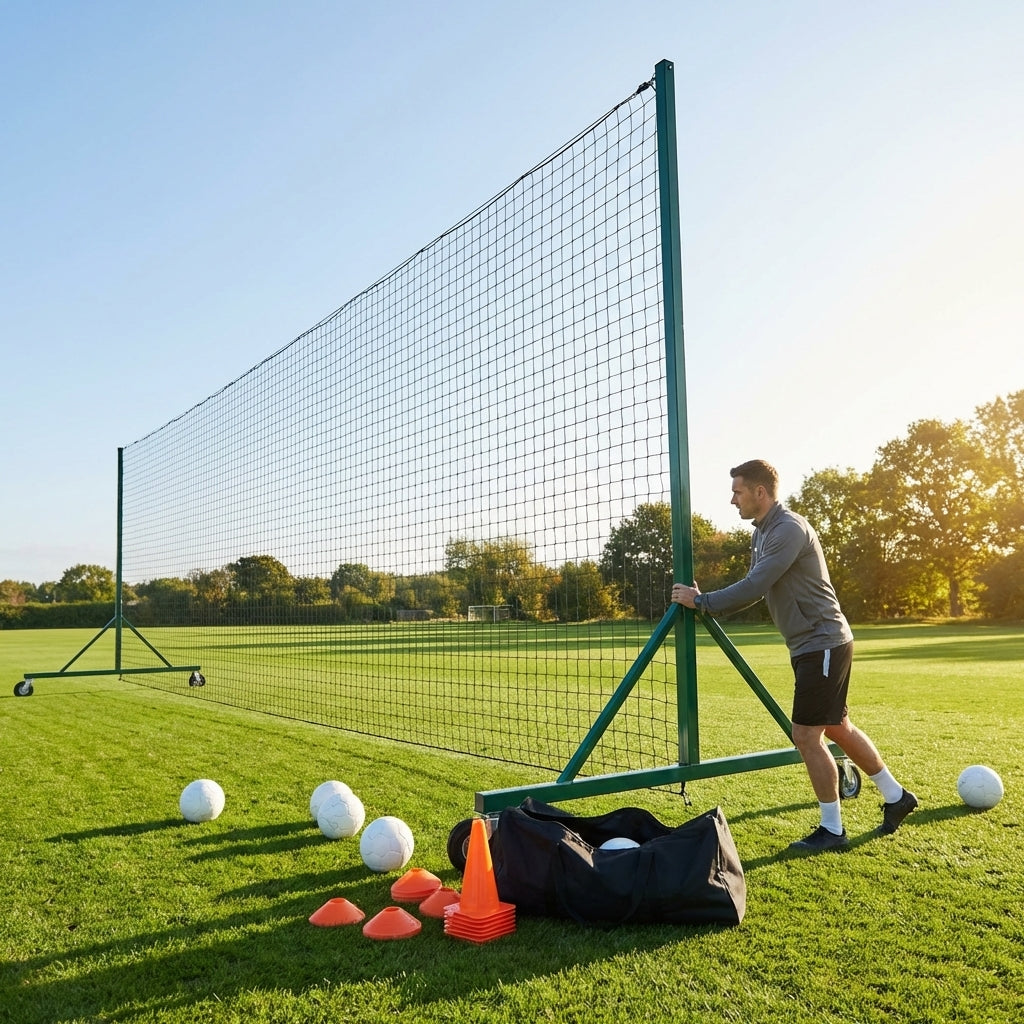 Mobile ball stop netting system with aluminium and steel components for sports grounds
