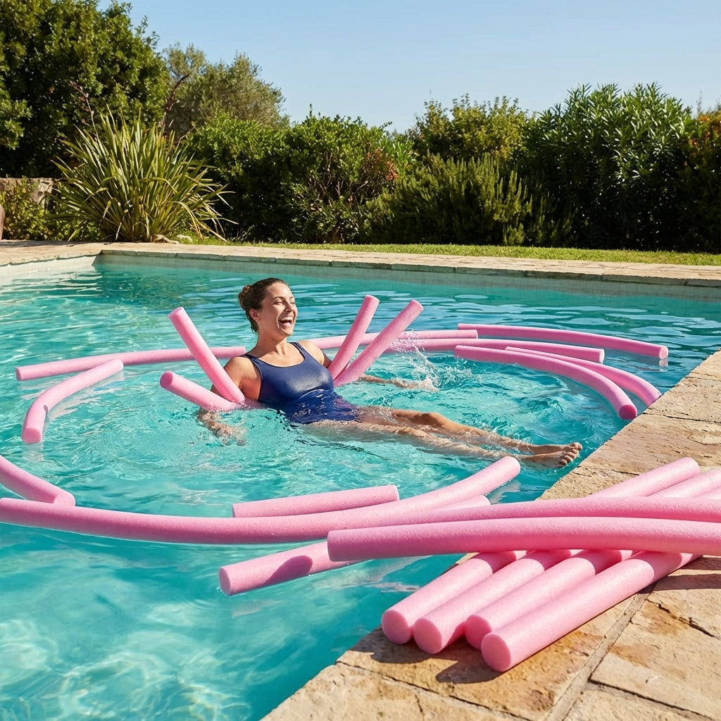 Colourful swimming pool noodles made from EVA foam