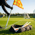 Football corner poles with fluro yellow/orange flags
