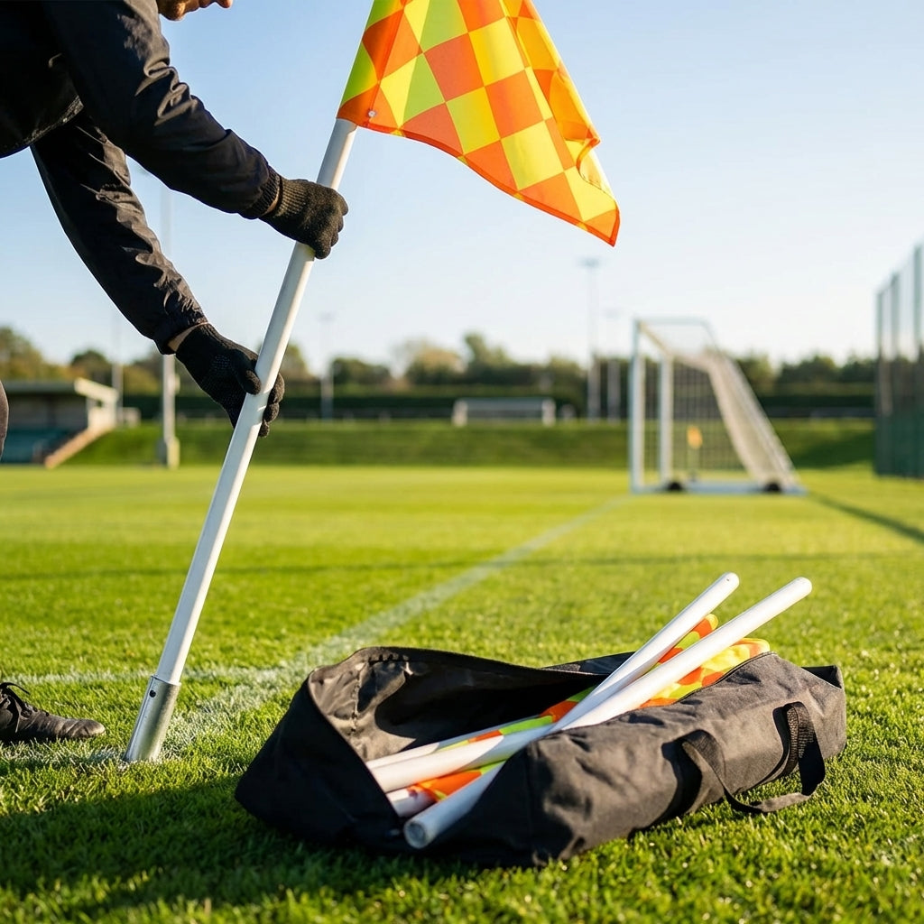 Football corner poles with fluro yellow/orange flags