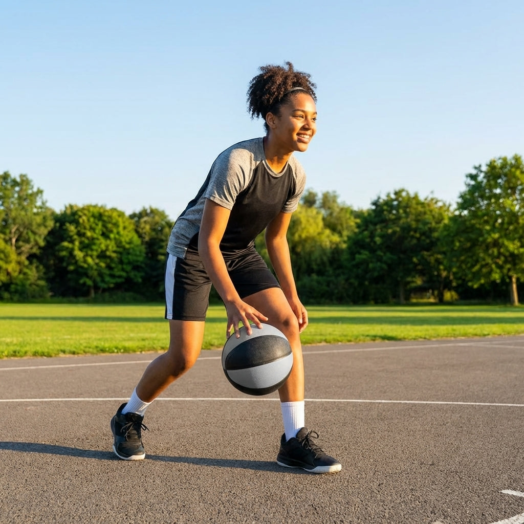 Basketball made of microfibre leather suitable for indoor and outdoor use