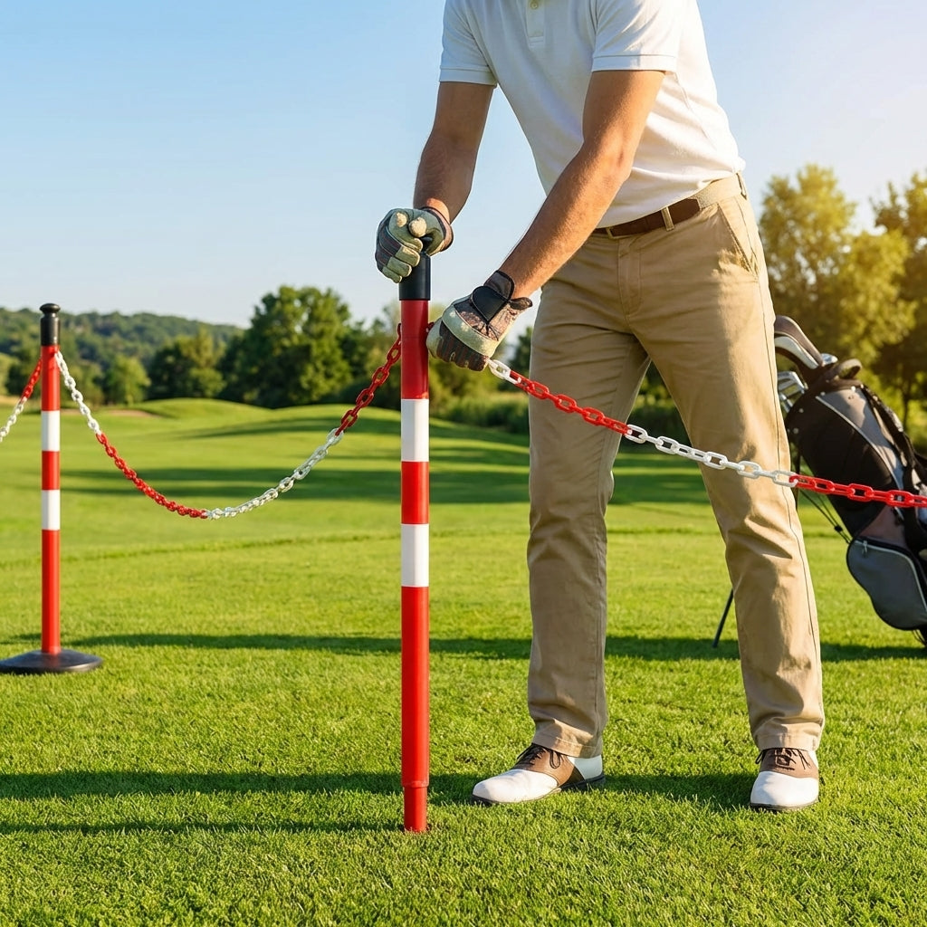 Plastic post and chain set for soft grounds, available in 5 colours