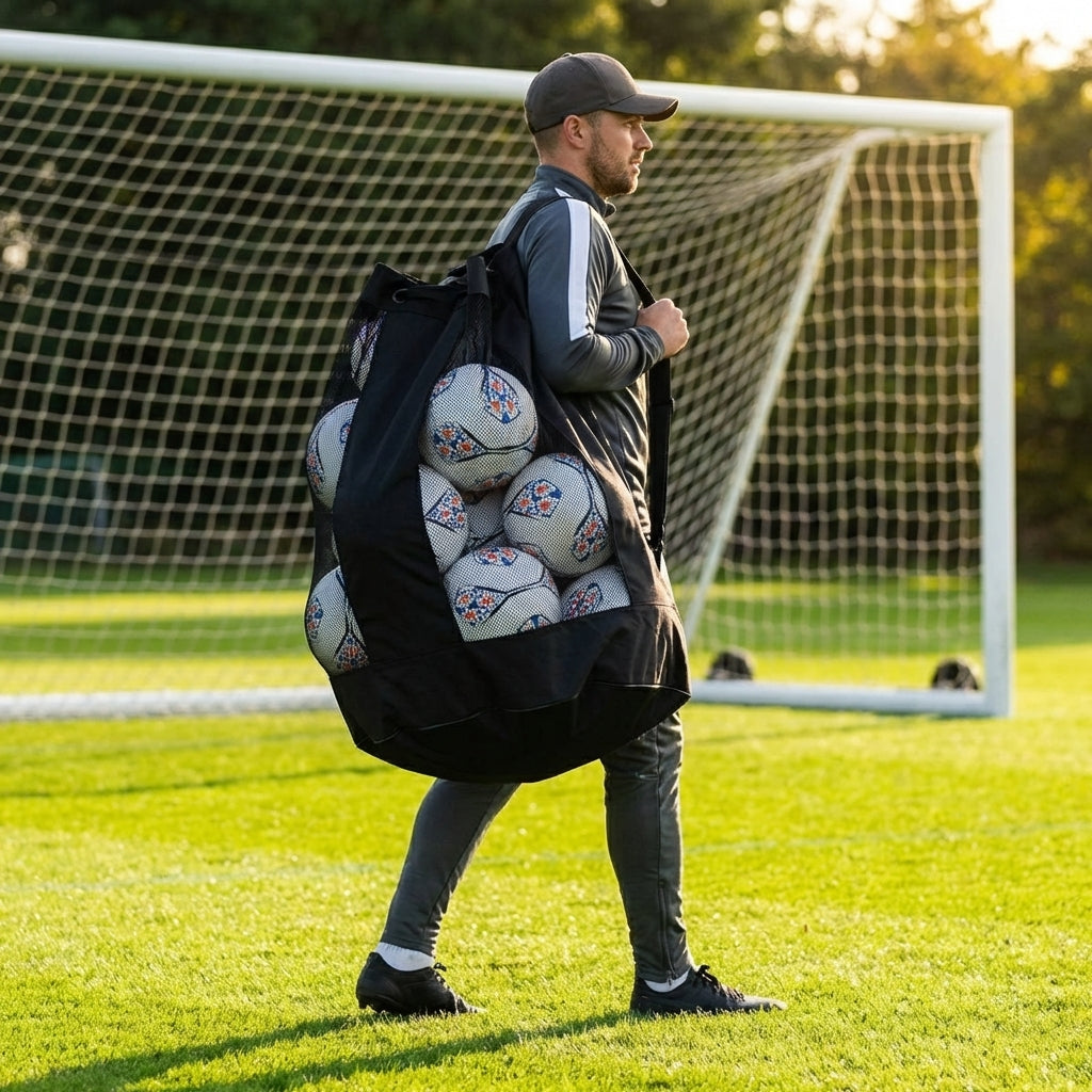 Football carry bag with 12 footballs, durable mesh
