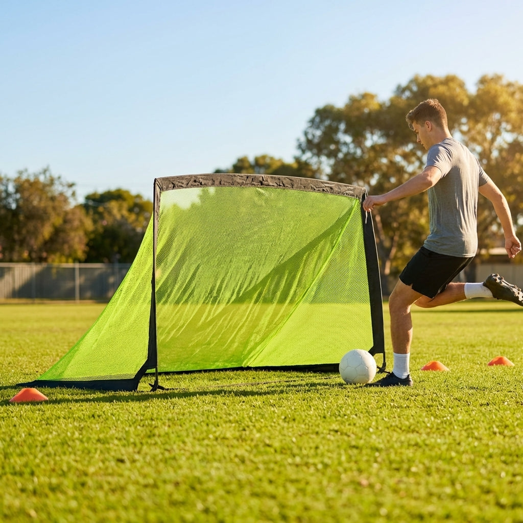 Folding football goal with aluminium frame and high-impact net