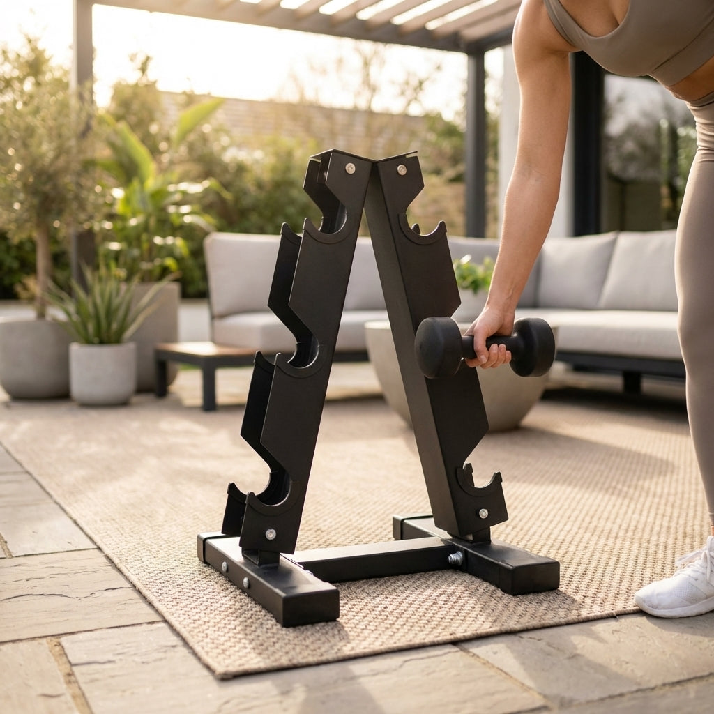 Dumbbell tree rack for home and gym, steel and rubber construction