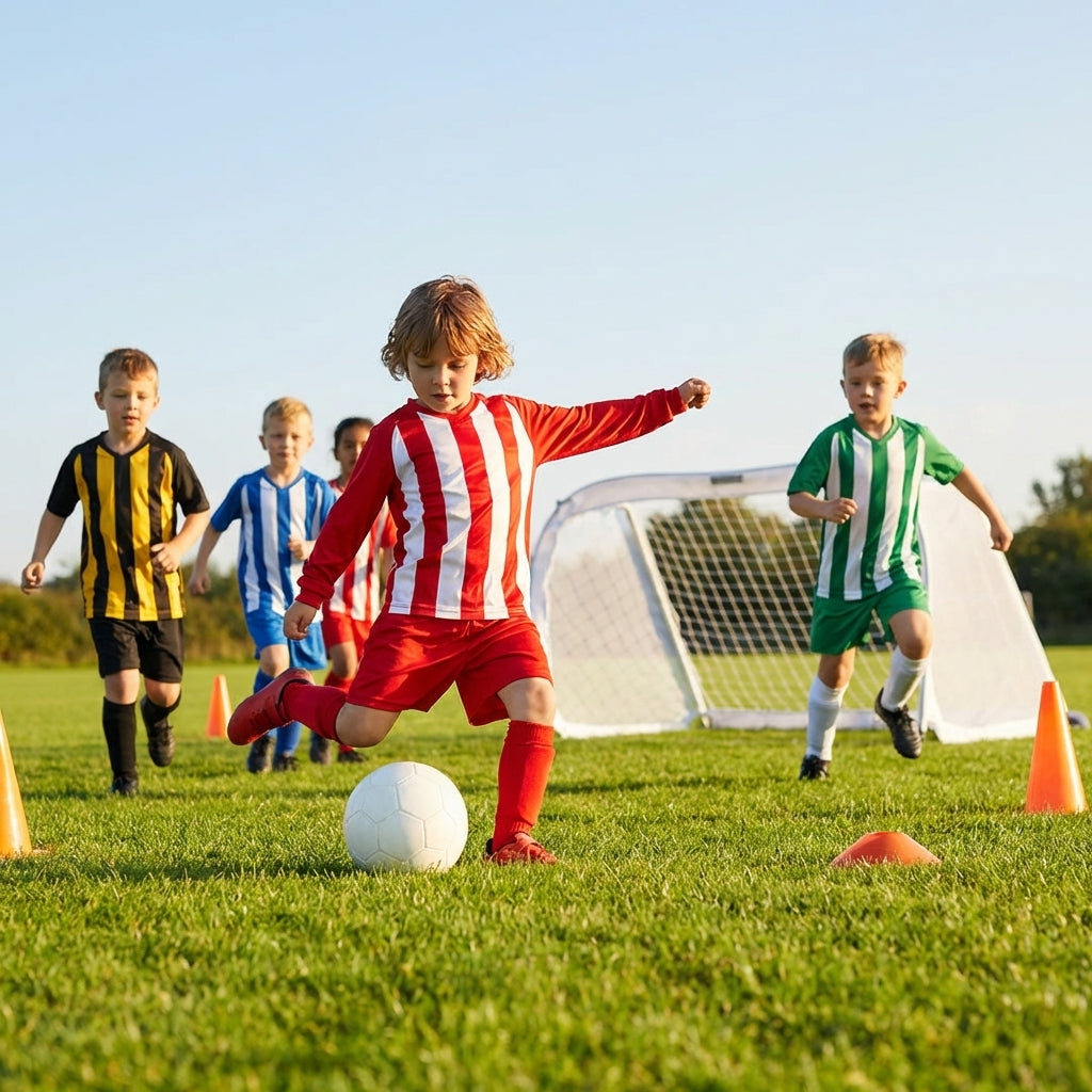 Kids' football kit with striped long sleeve shirt, shorts, and knee-high socks