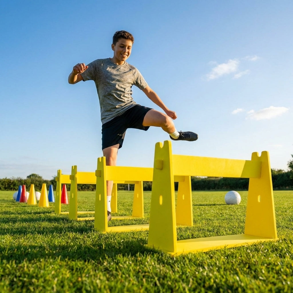 Adjustable foam hurdles in red, yellow, green, and blue for young athletes