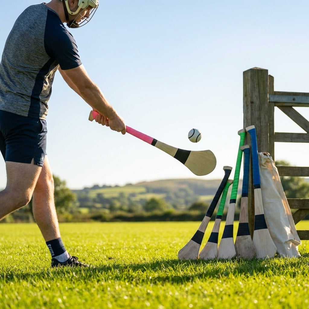 Ash Hurling Stick with custom grip colours, ideal for indoor and outdoor sports