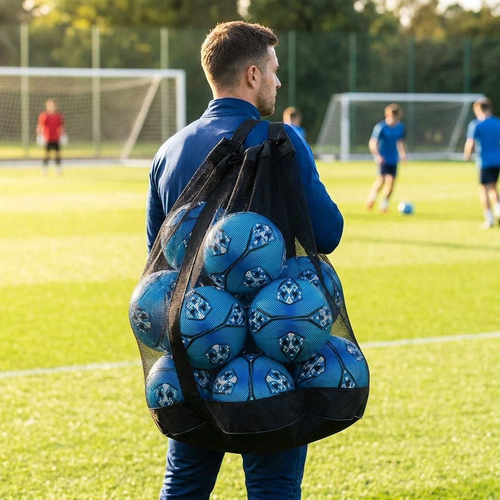 Football carry bag with 12 footballs, durable mesh