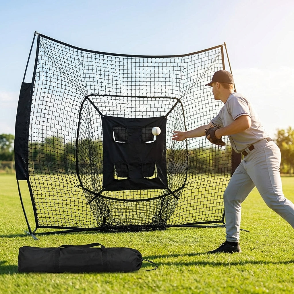 Baseball backstop net in use during outdoor practice
