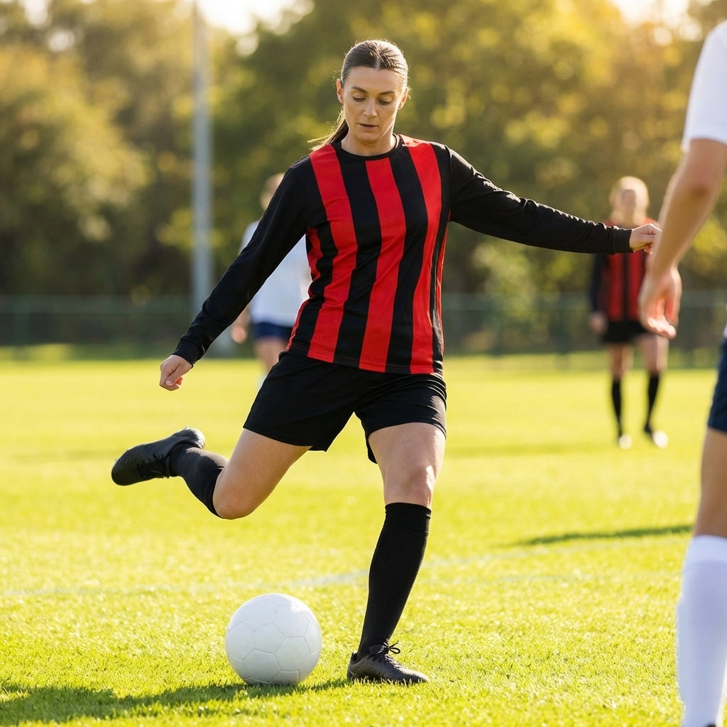 Women's football kit with long-sleeved striped shirt, shorts, and knee-high socks