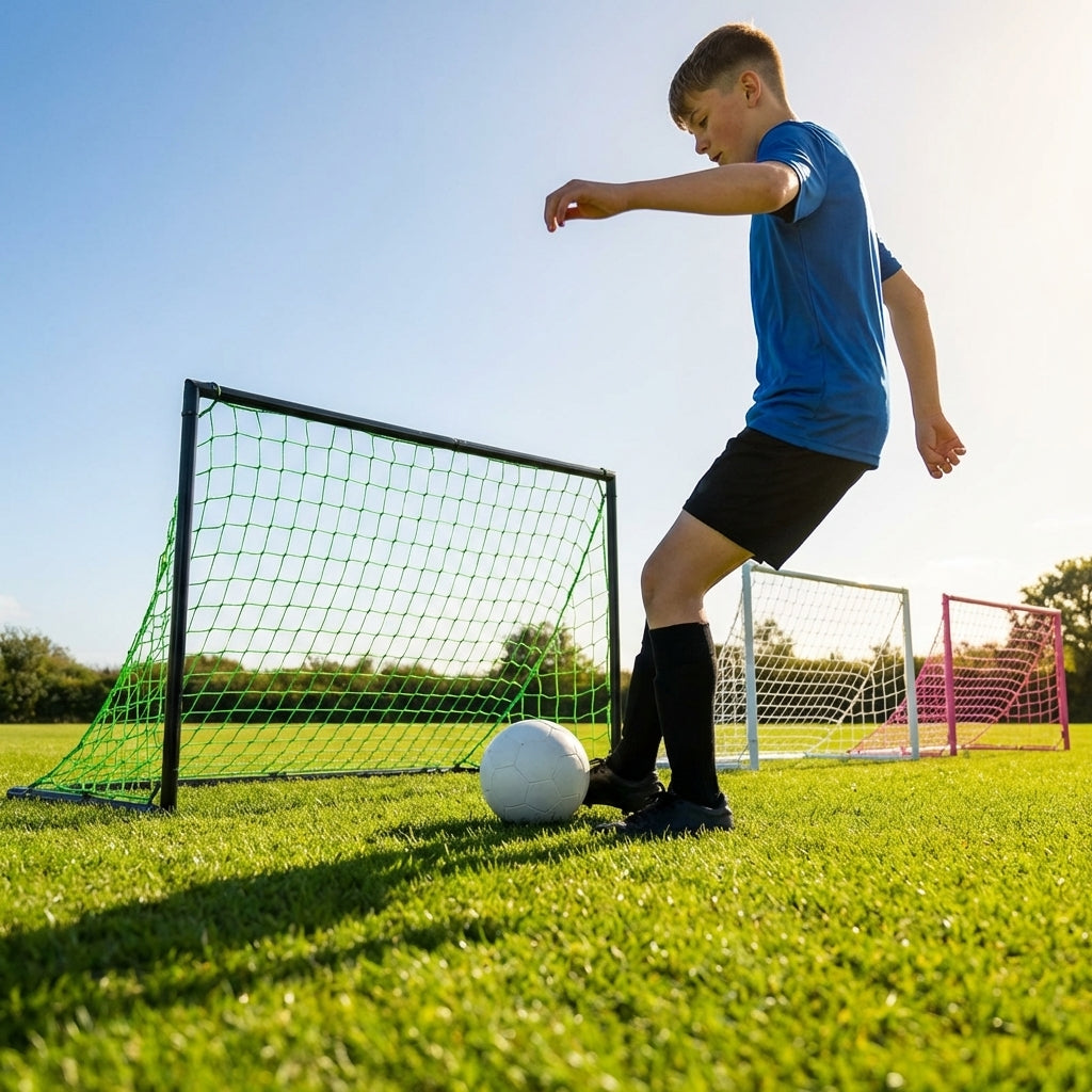 Folding football goal with aluminium frame and high-impact net