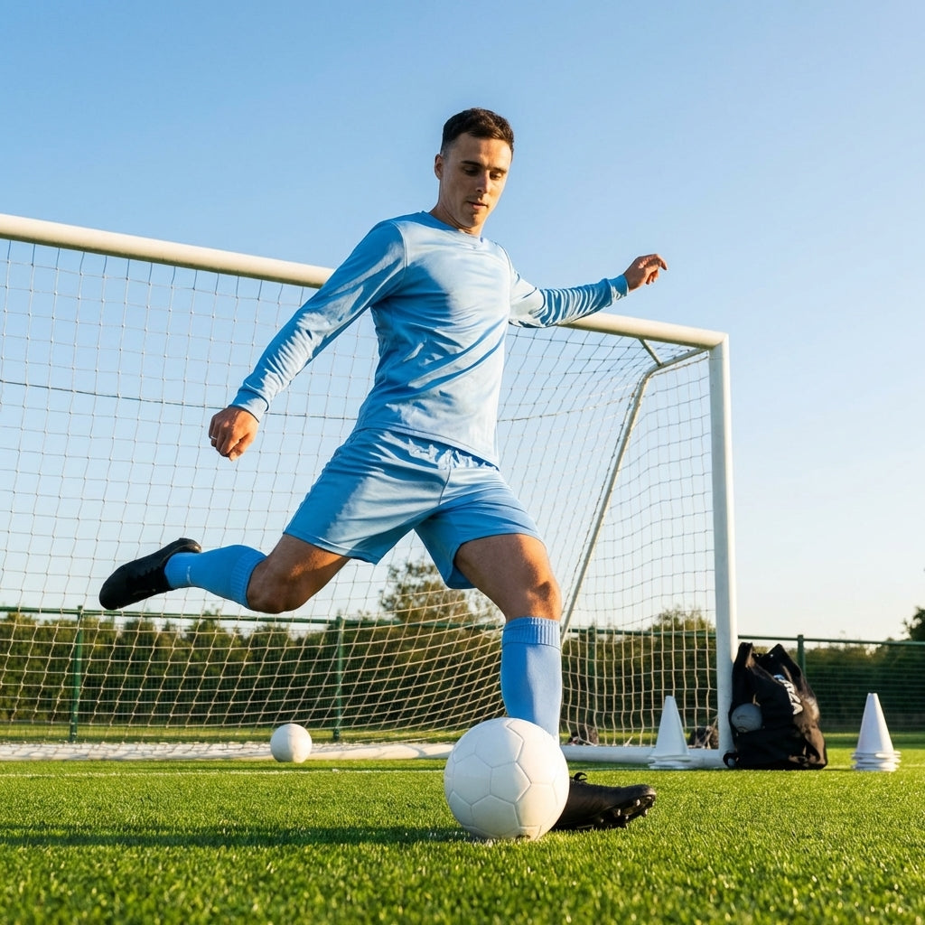 Men's football kit in various colours, including long-sleeve shirt, shorts, and socks