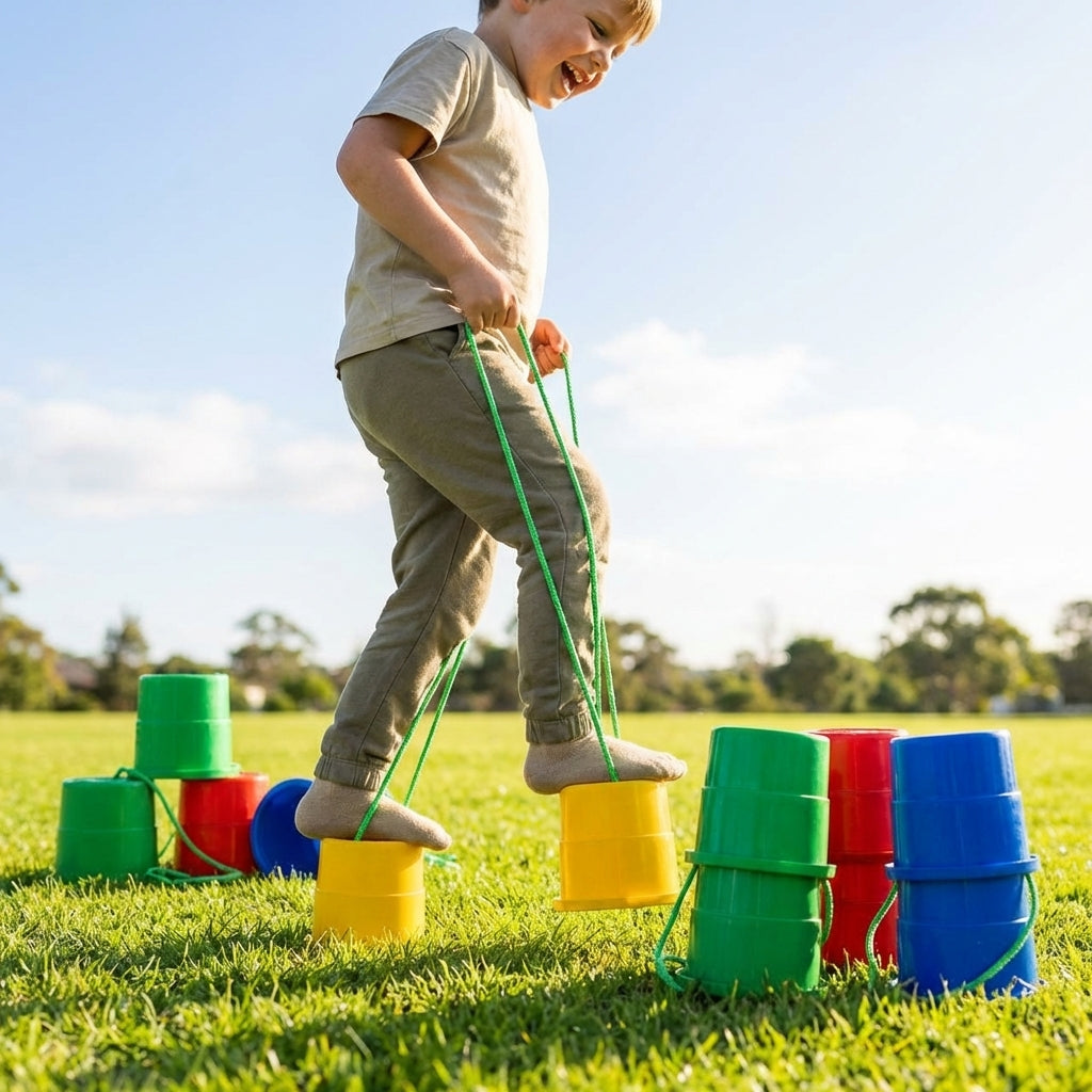 Kids bucket stilts in vibrant colours for indoor and outdoor play