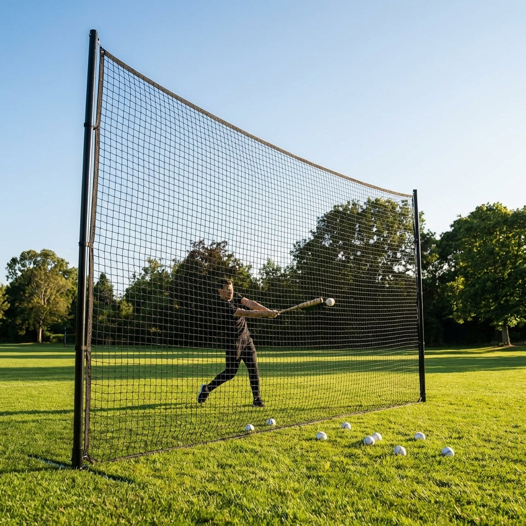 Ball stop netting system with steel posts and HDPP netting