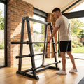 Steel barbell rack set for gym use, featuring a heavy-duty frame.