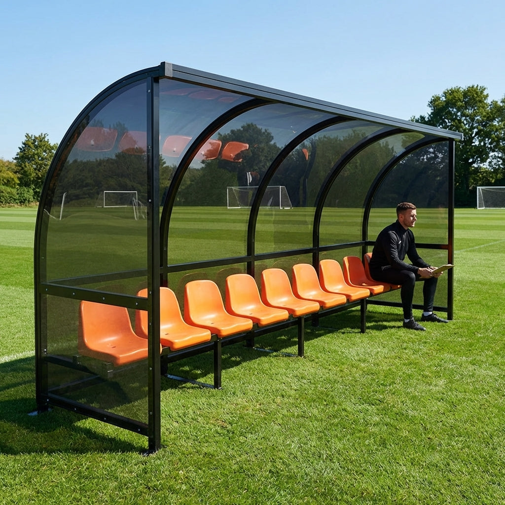 Fixed team shelter with aluminium frame and polycarbonate panels for sports