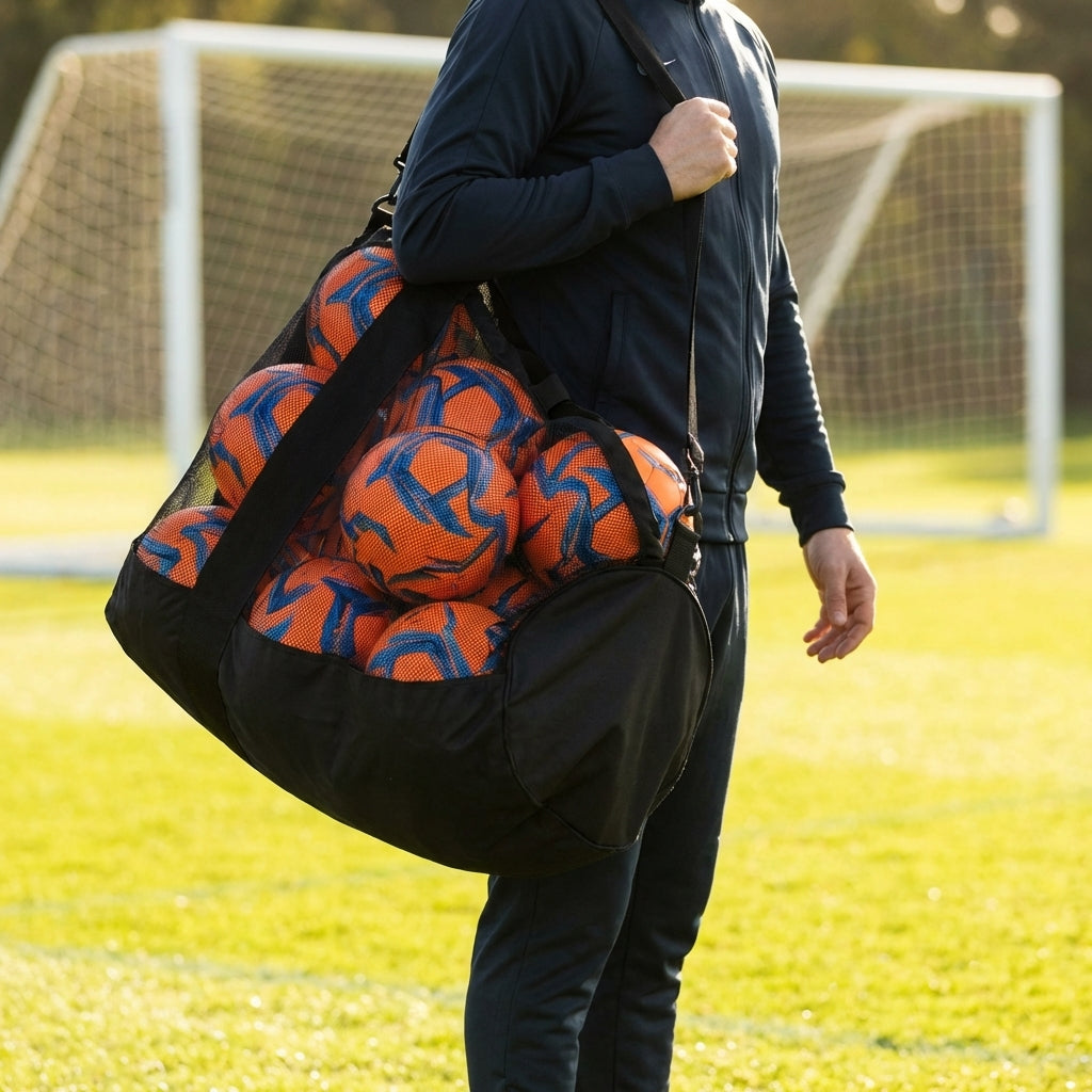 Football carry bag with 12 footballs, durable mesh