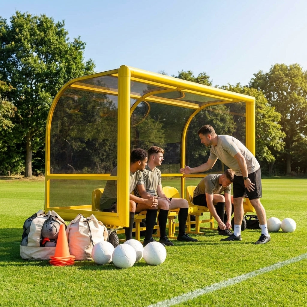 Mobile team shelter with aluminium frame for sports pitches