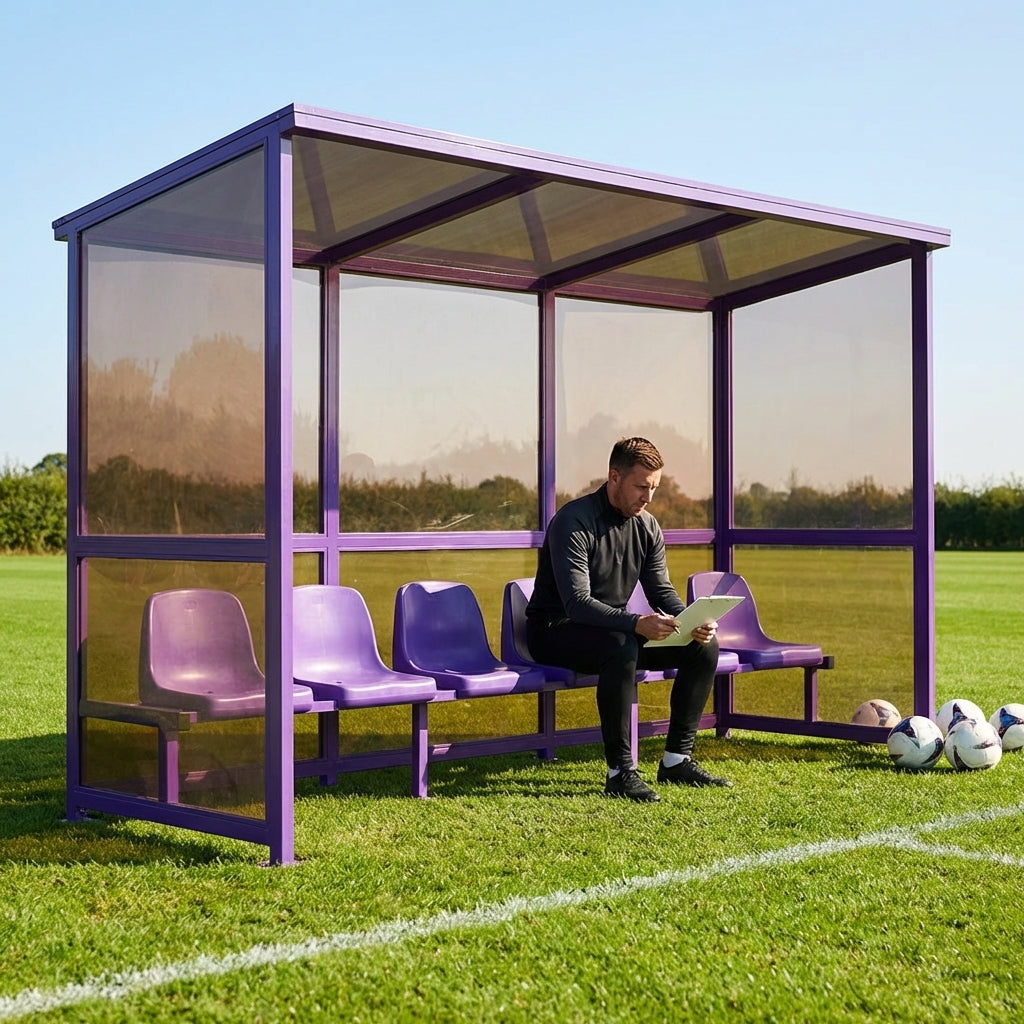 Fixed team shelter with aluminium frame and polycarbonate panels for sports